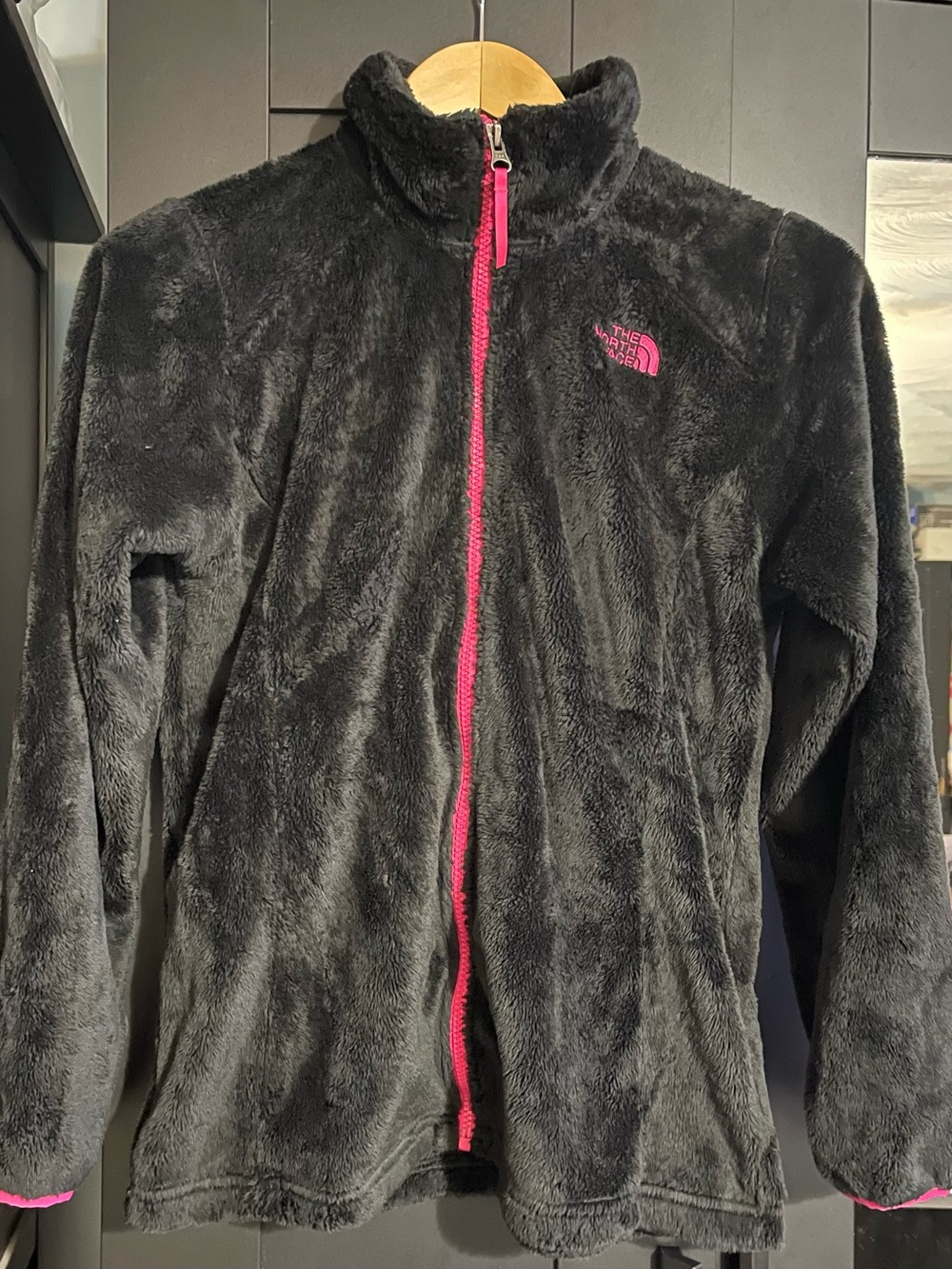 The North Face Black Fuzzy Full-Zip Jacket with Pink Accents
